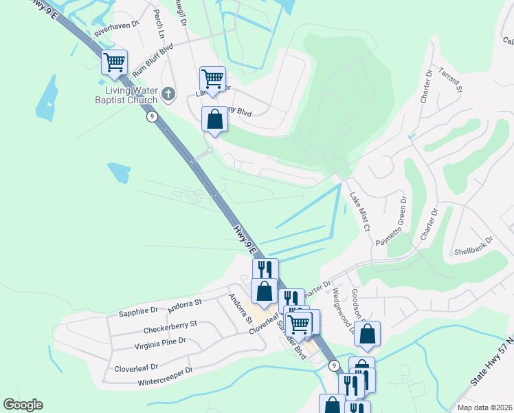 map of restaurants, bars, coffee shops, grocery stores, and more near 124 South Shore Boulevard in Longs