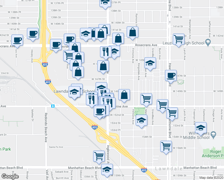 map of restaurants, bars, coffee shops, grocery stores, and more near 4735 West 149th Street in Lawndale