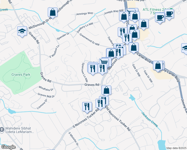 map of restaurants, bars, coffee shops, grocery stores, and more near 6131 South Norcross Tucker Road in Norcross