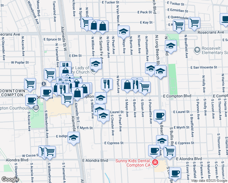 map of restaurants, bars, coffee shops, grocery stores, and more near 123 North Chester Avenue in Compton