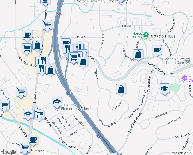 map of restaurants, bars, coffee shops, grocery stores, and more near 795 Vía Blairo in Corona