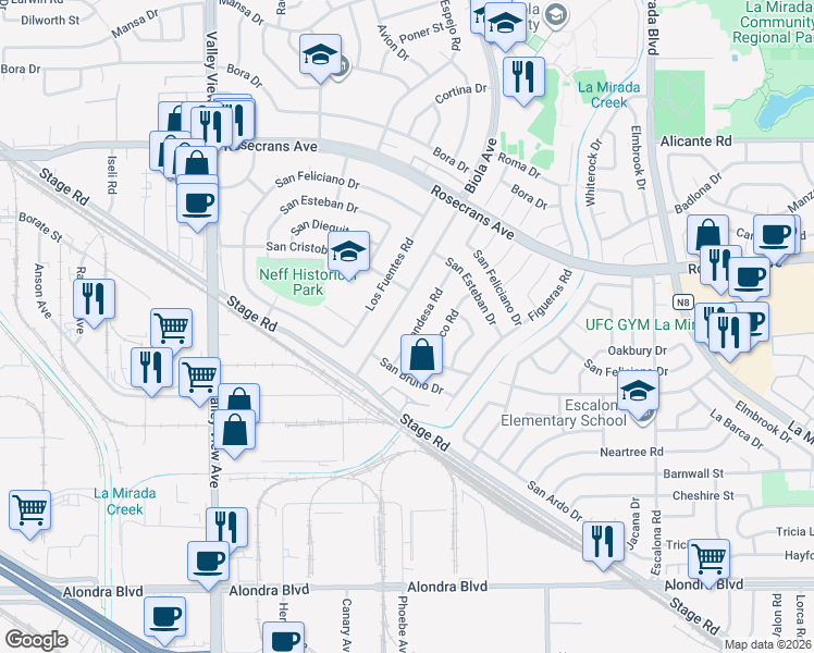 map of restaurants, bars, coffee shops, grocery stores, and more near 14741 Gandesa Road in La Mirada