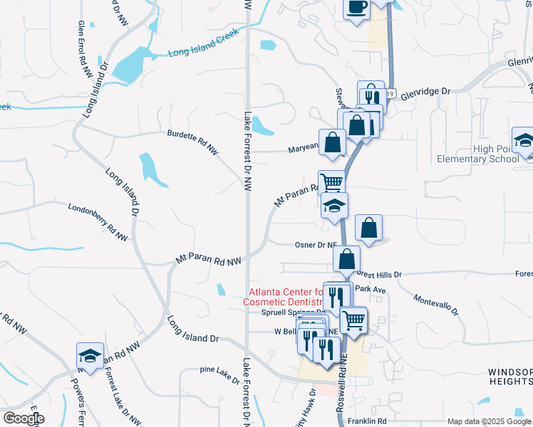 map of restaurants, bars, coffee shops, grocery stores, and more near 70 Mount Paran Road Northeast in Atlanta