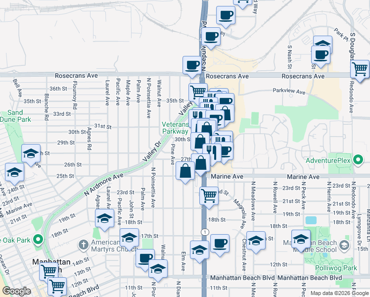 map of restaurants, bars, coffee shops, grocery stores, and more near 2909 Elm Avenue in Manhattan Beach