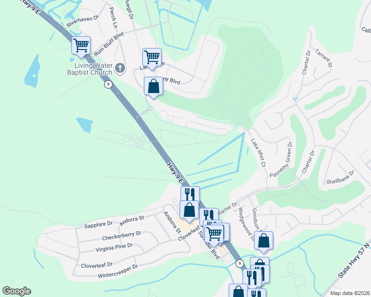 map of restaurants, bars, coffee shops, grocery stores, and more near Sun Colony Boulevard in Little River