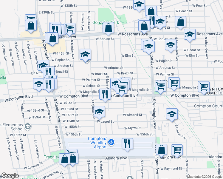 map of restaurants, bars, coffee shops, grocery stores, and more near 1207 West Magnolia Street in Compton