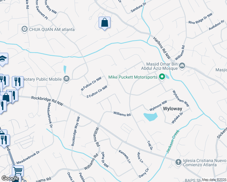 map of restaurants, bars, coffee shops, grocery stores, and more near 5697 Brooklyn Lane in Norcross