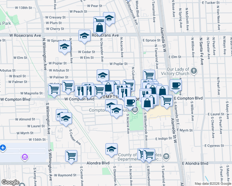 map of restaurants, bars, coffee shops, grocery stores, and more near in Compton