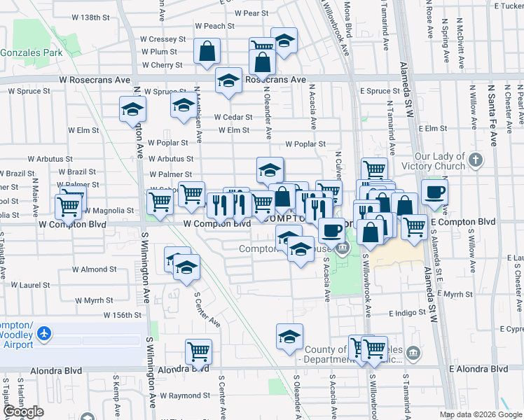 map of restaurants, bars, coffee shops, grocery stores, and more near 427 West Magnolia Street in Compton