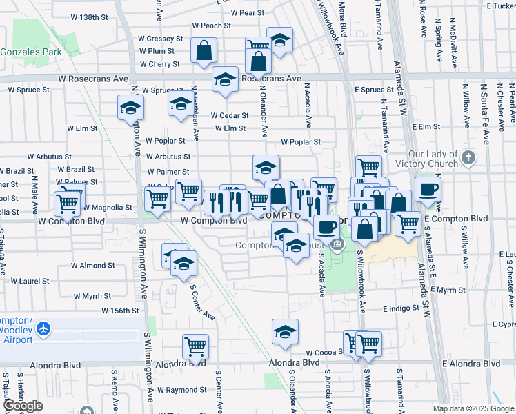 map of restaurants, bars, coffee shops, grocery stores, and more near 436 West Magnolia Street in Compton