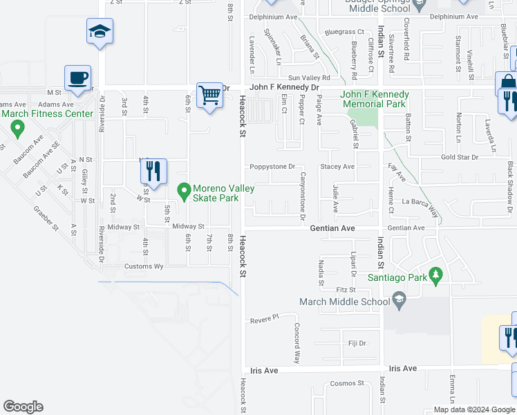 map of restaurants, bars, coffee shops, grocery stores, and more near 15438 Fugate Court in Moreno Valley