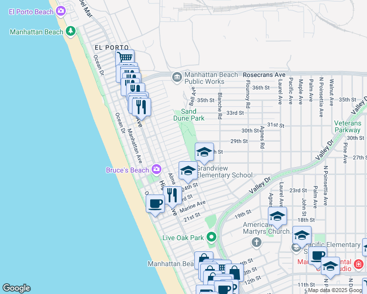 map of restaurants, bars, coffee shops, grocery stores, and more near 472 27th Street in Manhattan Beach
