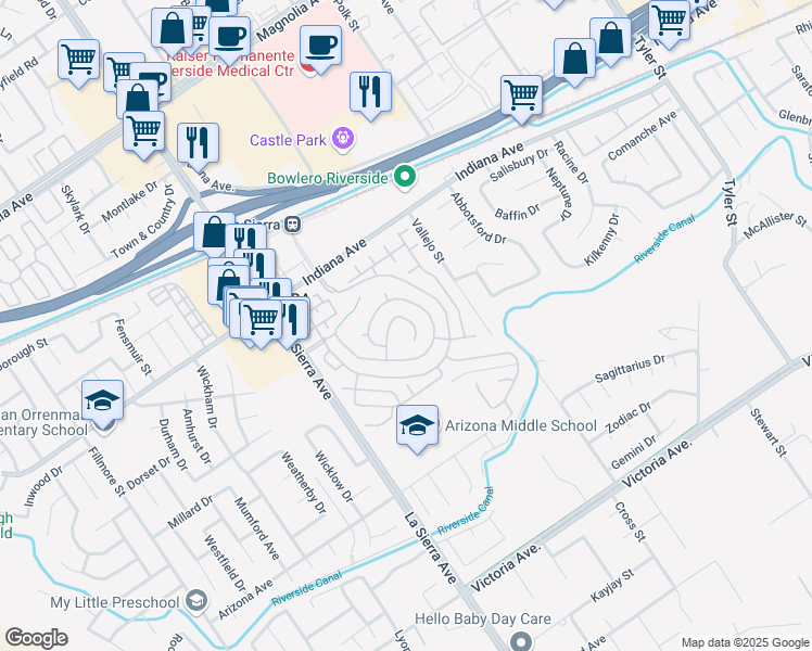 map of restaurants, bars, coffee shops, grocery stores, and more near 3206 Del Sol Pointe in Riverside