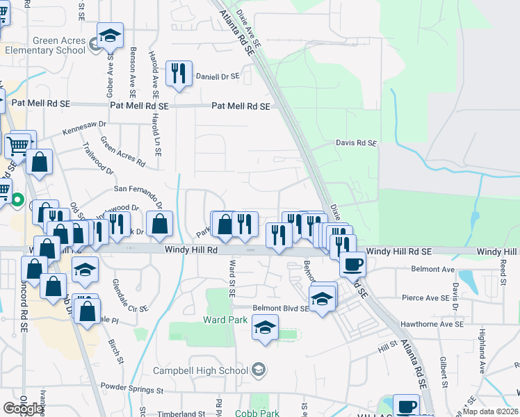 map of restaurants, bars, coffee shops, grocery stores, and more near 923 Turner Dr in Smyrna