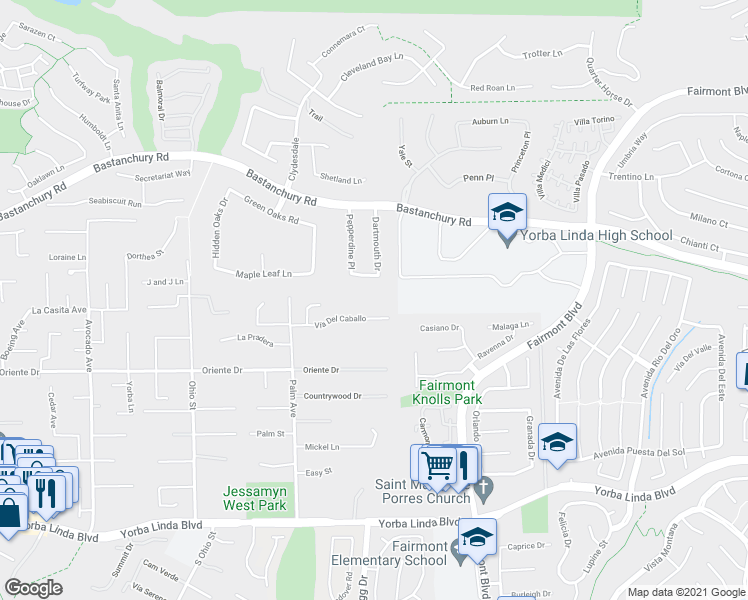 map of restaurants, bars, coffee shops, grocery stores, and more near 19742 Georgetown Way in Yorba Linda