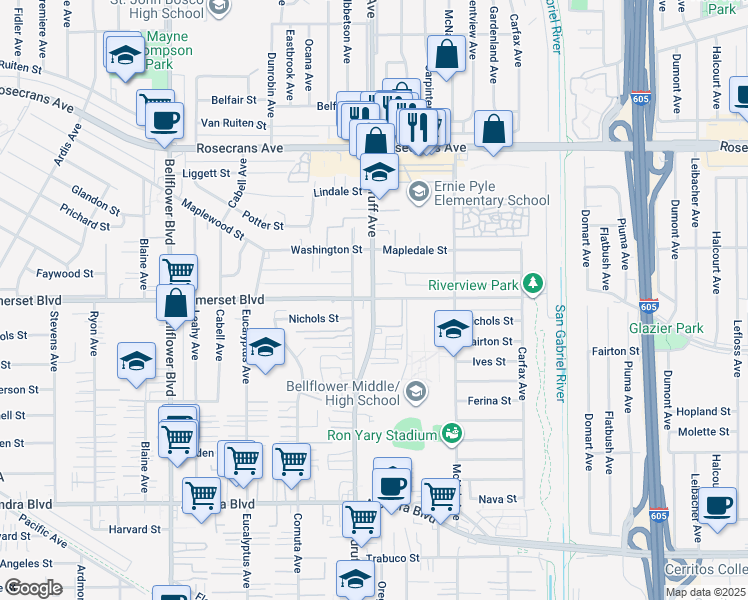map of restaurants, bars, coffee shops, grocery stores, and more near 10237 Somerset Boulevard in Bellflower