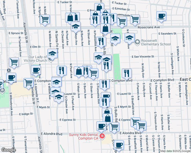 map of restaurants, bars, coffee shops, grocery stores, and more near 122 North Poinsettia Avenue in Compton