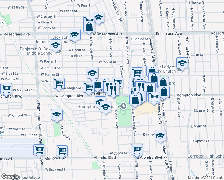 map of restaurants, bars, coffee shops, grocery stores, and more near 309 West Magnolia Street in Compton