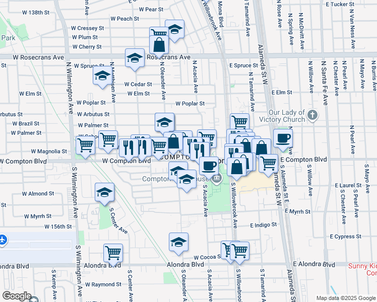 map of restaurants, bars, coffee shops, grocery stores, and more near in Compton