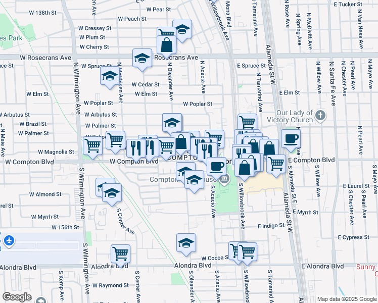 map of restaurants, bars, coffee shops, grocery stores, and more near in Compton