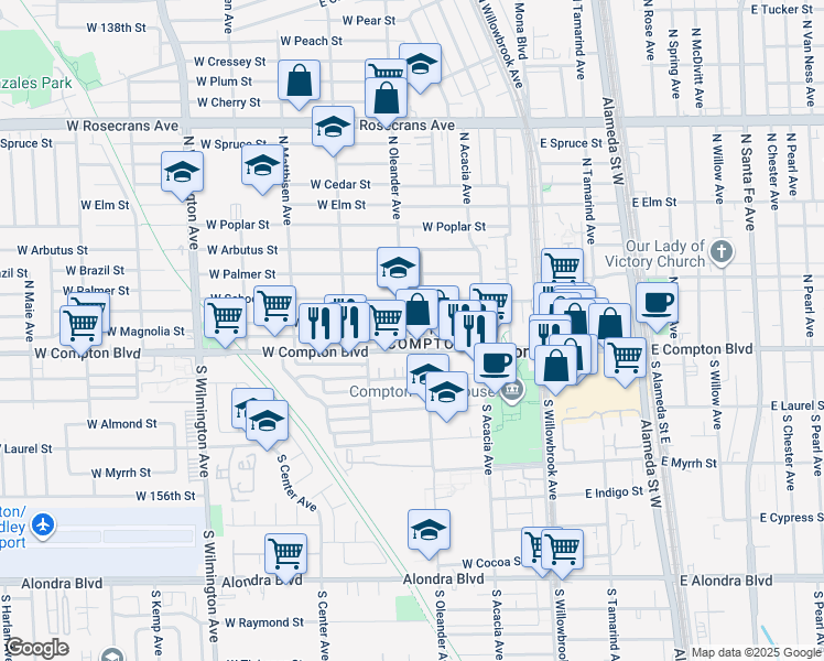map of restaurants, bars, coffee shops, grocery stores, and more near 427 West Magnolia Street in Compton