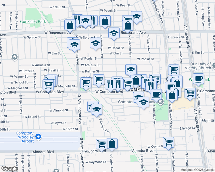 map of restaurants, bars, coffee shops, grocery stores, and more near 523 West Magnolia Street in Compton