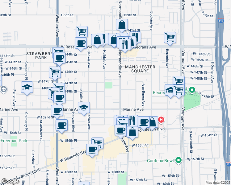 map of restaurants, bars, coffee shops, grocery stores, and more near in Gardena