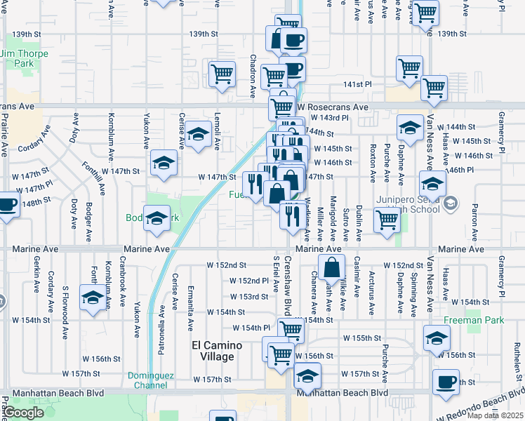 map of restaurants, bars, coffee shops, grocery stores, and more near 11848 Manor Dr in El Camino Village