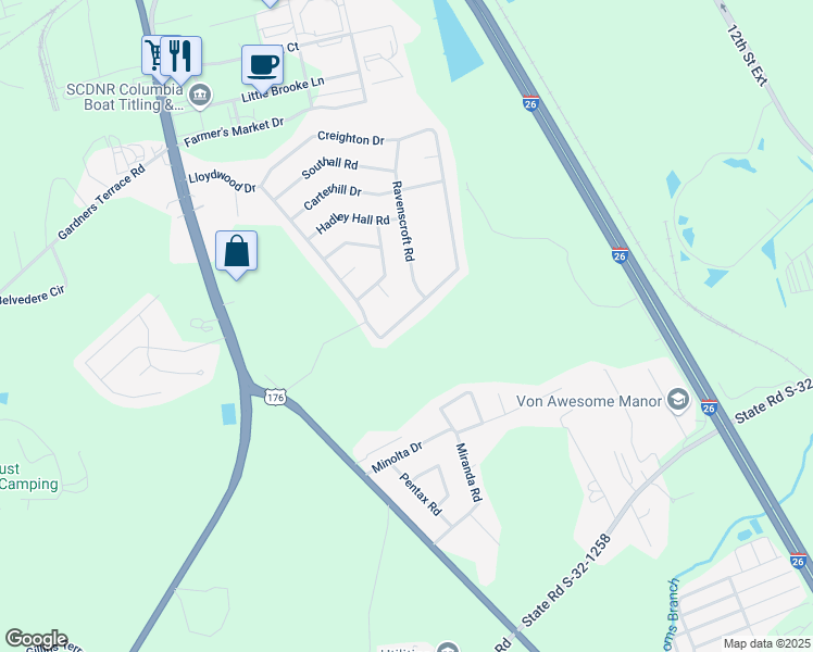 map of restaurants, bars, coffee shops, grocery stores, and more near 309A Lloydwood Drive in West Columbia