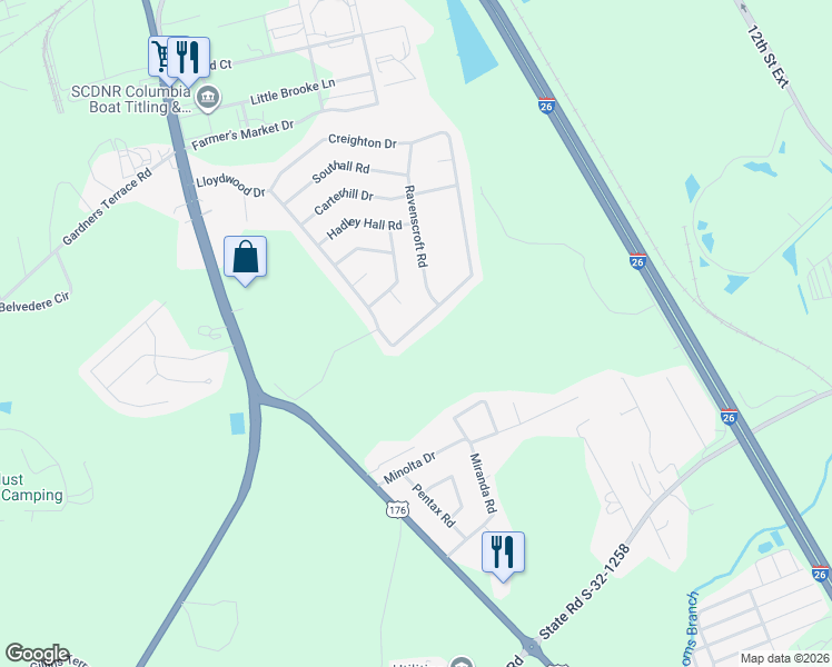 map of restaurants, bars, coffee shops, grocery stores, and more near 309A Lloydwood Drive in West Columbia