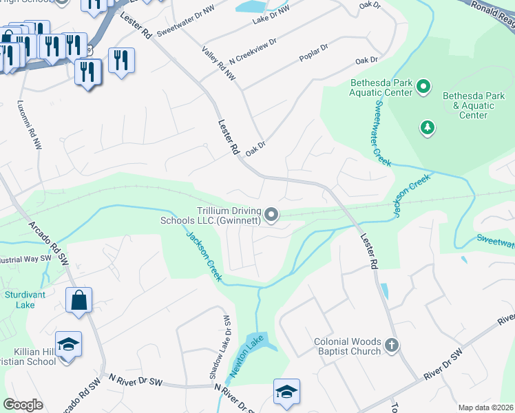map of restaurants, bars, coffee shops, grocery stores, and more near 3794 Scarsborough Drive Southwest in Lawrenceville