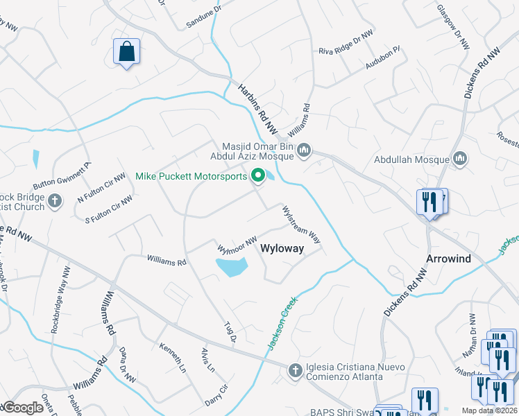 map of restaurants, bars, coffee shops, grocery stores, and more near 5523 Wylstream Way in Norcross
