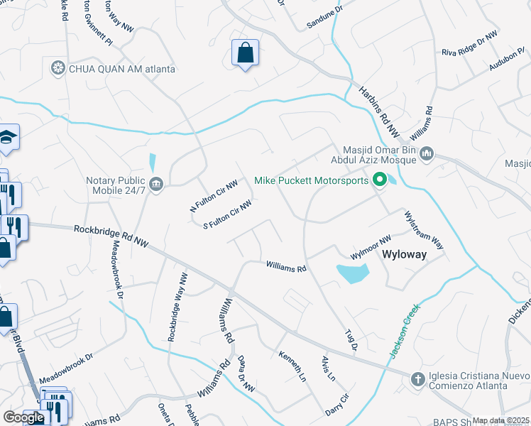 map of restaurants, bars, coffee shops, grocery stores, and more near 5697 Brooklyn Lane in Norcross