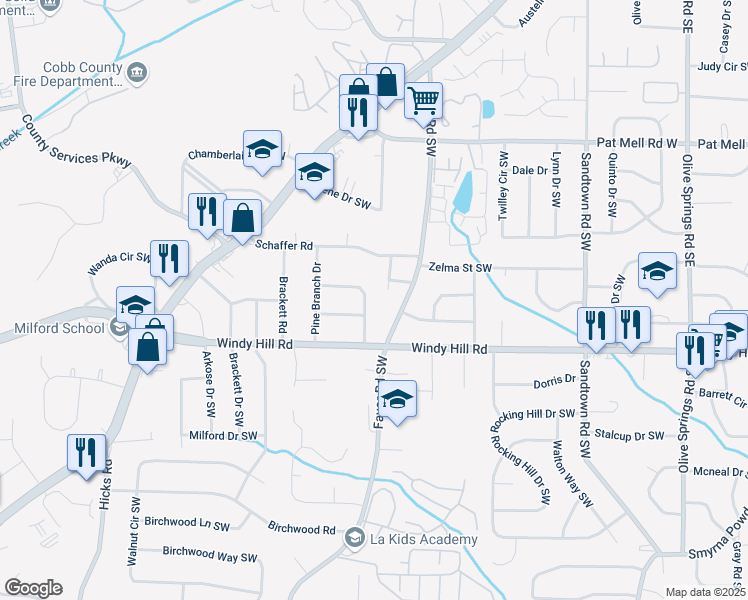 map of restaurants, bars, coffee shops, grocery stores, and more near 2323 Colleen Circle in Marietta