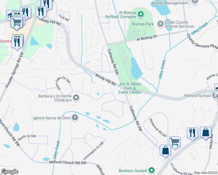 map of restaurants, bars, coffee shops, grocery stores, and more near 2200 Greenridge Drive Southwest in Marietta