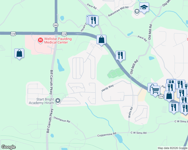 map of restaurants, bars, coffee shops, grocery stores, and more near 214 Highland Falls Drive in Hiram
