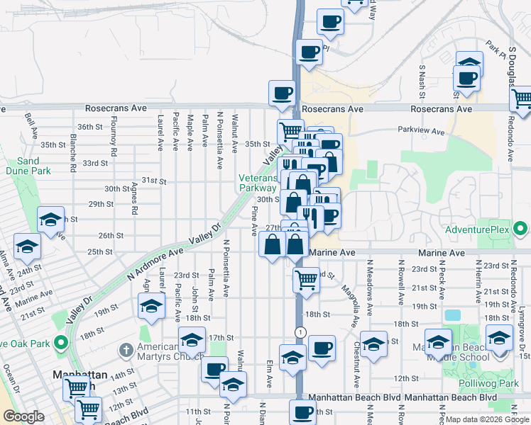 map of restaurants, bars, coffee shops, grocery stores, and more near 2807 Elm Avenue in Manhattan Beach