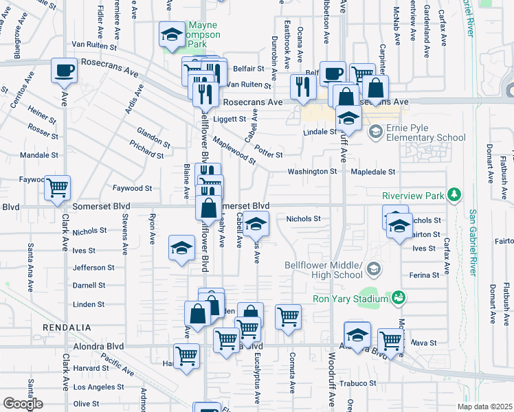 map of restaurants, bars, coffee shops, grocery stores, and more near Somerset Boulevard & Eucalyptus Avenue in Bellflower