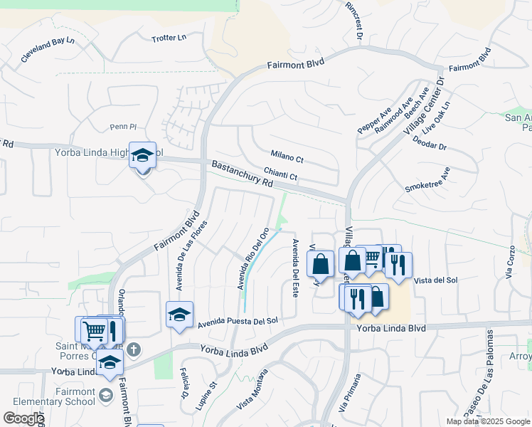 map of restaurants, bars, coffee shops, grocery stores, and more near 4371 Avenida Rio Del Oro in Yorba Linda