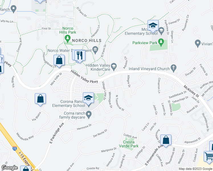 map of restaurants, bars, coffee shops, grocery stores, and more near 938 Montague Circle in Corona