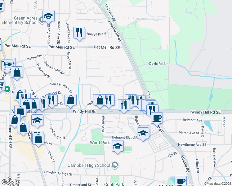 map of restaurants, bars, coffee shops, grocery stores, and more near Turner Drive Southeast in Smyrna
