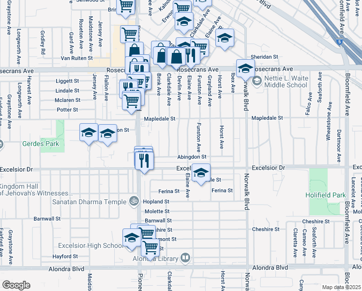 map of restaurants, bars, coffee shops, grocery stores, and more near 14723 Elaine Avenue in Norwalk