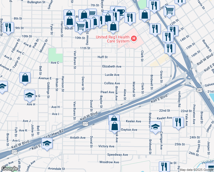map of restaurants, bars, coffee shops, grocery stores, and more near 1712 Collins Avenue in Wichita Falls