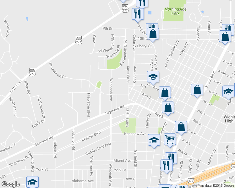 map of restaurants, bars, coffee shops, grocery stores, and more near 3210 Onaway Trail in Wichita Falls
