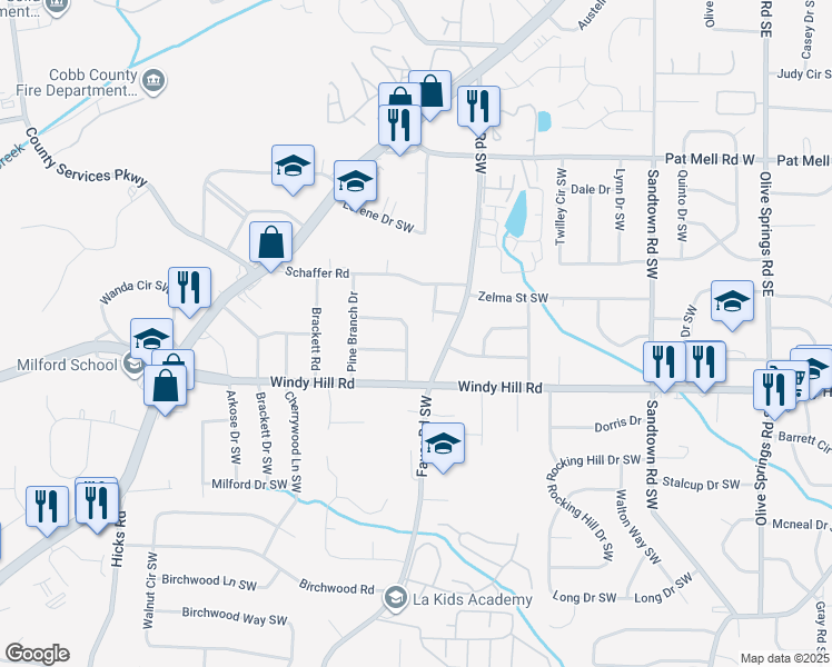 map of restaurants, bars, coffee shops, grocery stores, and more near 2323 Colleen Circle in Marietta