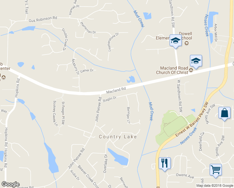 map of restaurants, bars, coffee shops, grocery stores, and more near 3130 Staglin Drive in Powder Springs