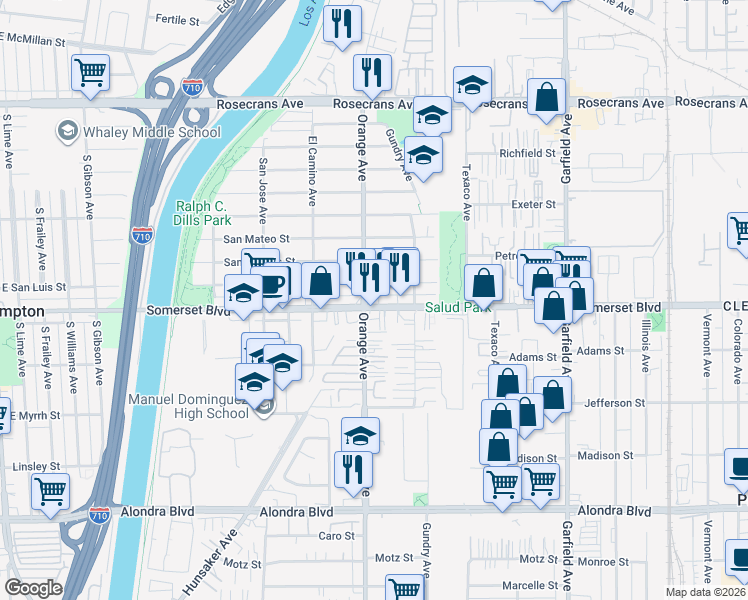 map of restaurants, bars, coffee shops, grocery stores, and more near 15006 Orange Avenue in Paramount