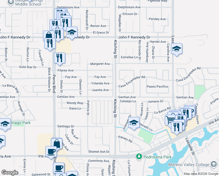map of restaurants, bars, coffee shops, grocery stores, and more near 25497 Yolanda Avenue in Moreno Valley