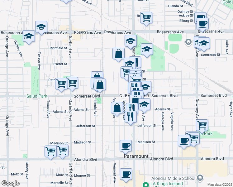 map of restaurants, bars, coffee shops, grocery stores, and more near 7803 Somerset Boulevard in Paramount