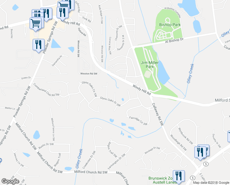 map of restaurants, bars, coffee shops, grocery stores, and more near 2362 Moseley Place Southwest in Marietta
